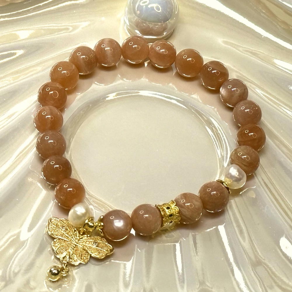 BM27 Handmade 8mm Natural Peach Moonstone and 6-8mm Freshwater Pearl Bracelet